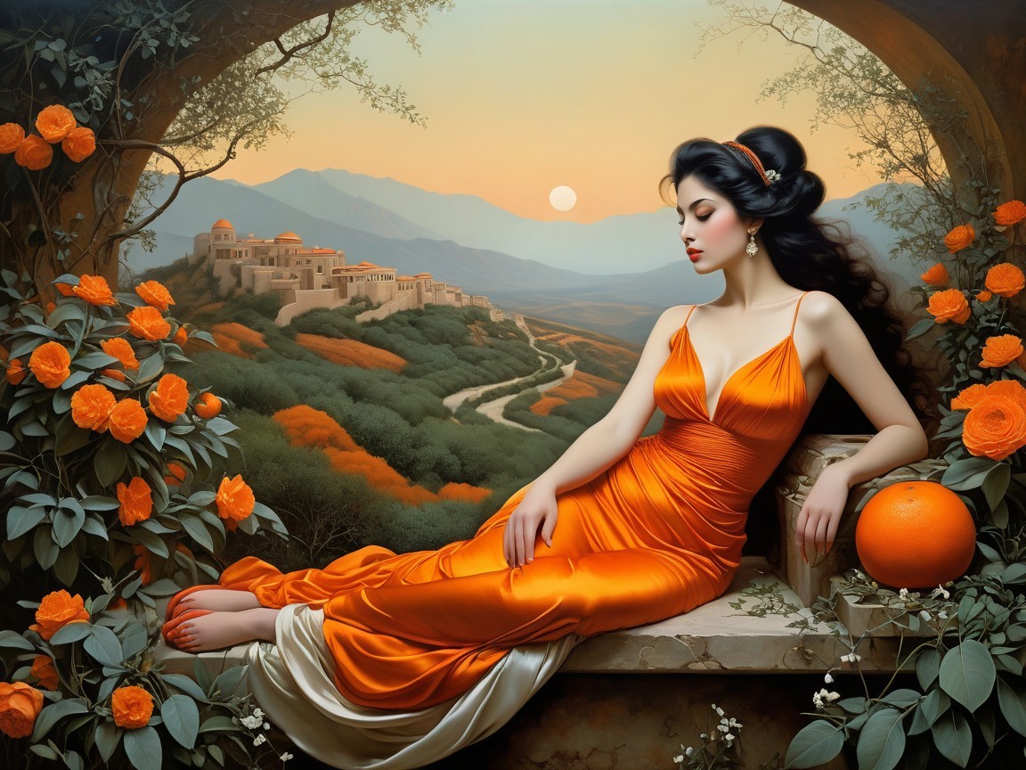 Woman in Orange Gown Against Stone Archway at Sunset