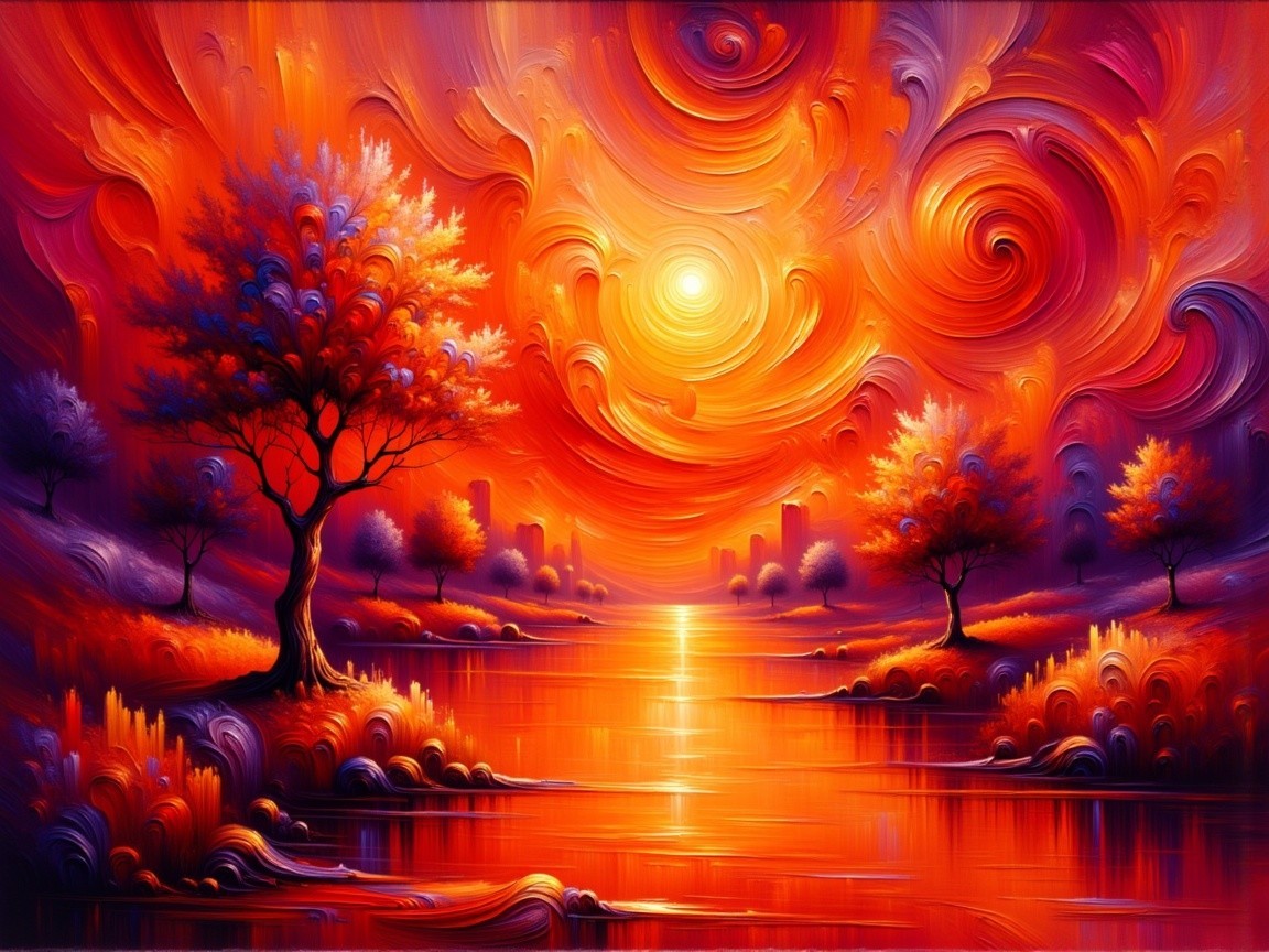Vibrant Sunset Over a Tranquil River Landscape
