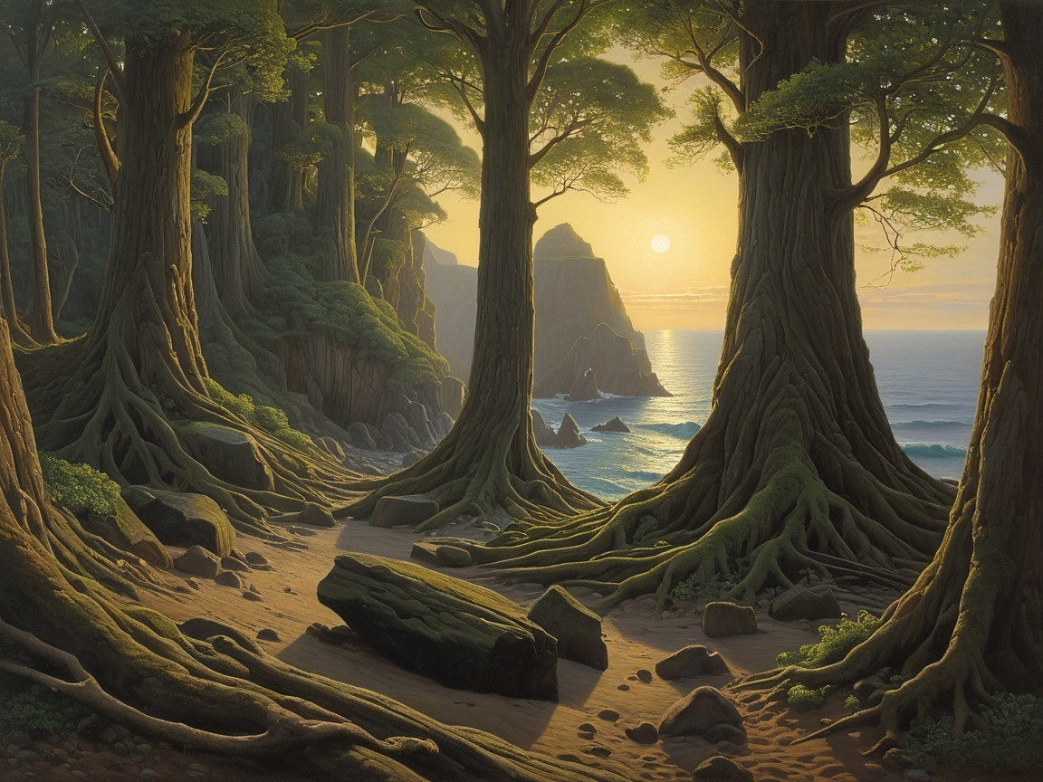 Tranquil Coastal Scene with Sunlit Forest and Cliffs