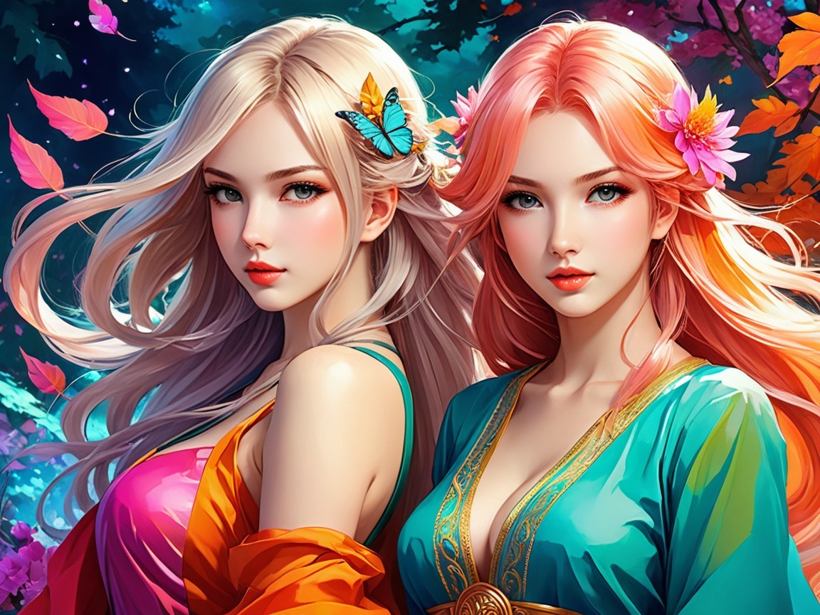 Enchanting Women in Colorful Attire in a Magical Forest