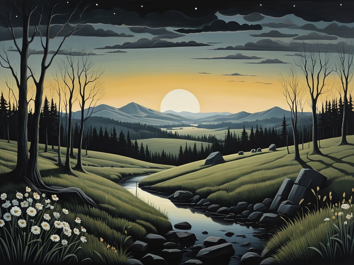 Serene Dusk Landscape with Hills and Winding Stream