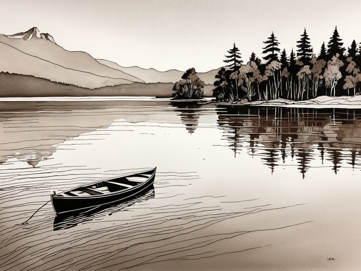 Tranquil Lake Landscape with Mountains and Boat