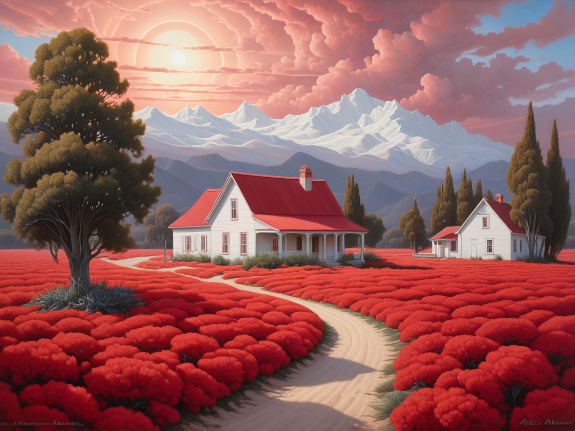 Charming White House in Scenic Flower Field at Sunset
