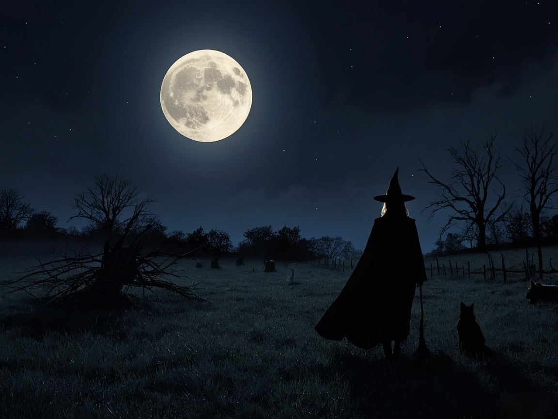 Cloaked Figure and Dog in Moonlit Landscape