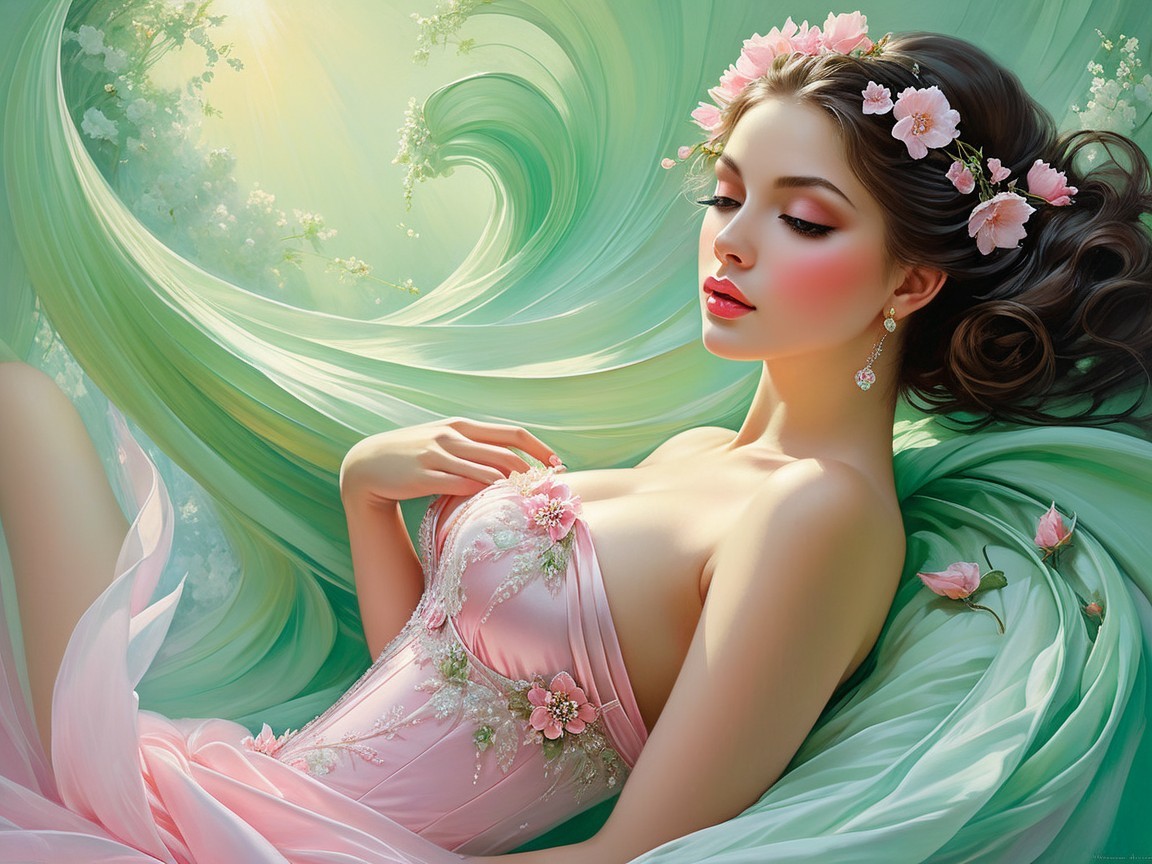 Ethereal Woman in Pastel Pink Gown with Flowers