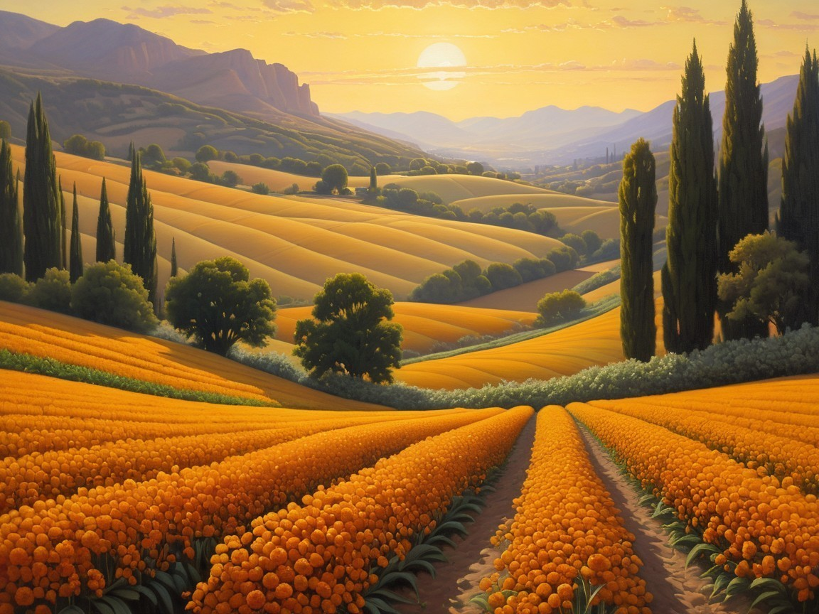 Golden Sunset Landscape with Rolling Hills and Cypress Trees