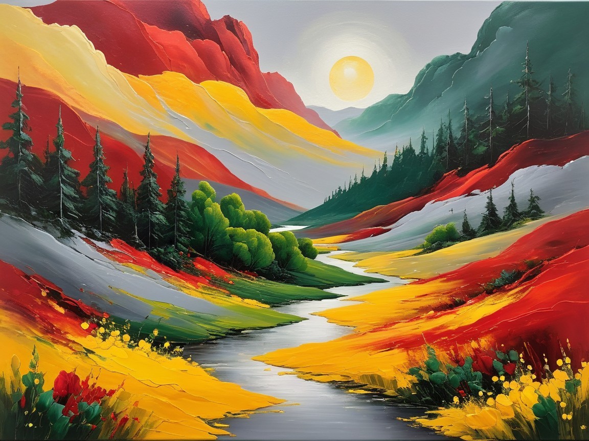 Vibrant Landscape Painting of Mountains and River