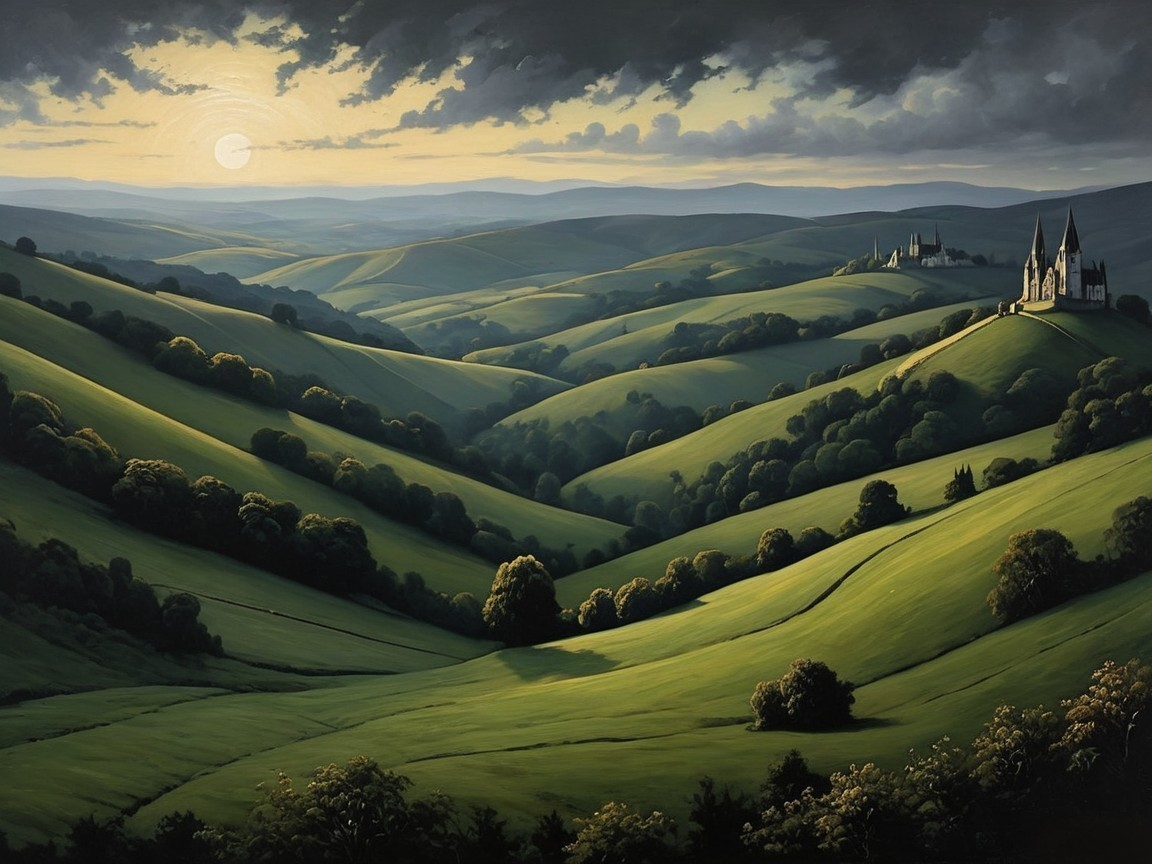 Serene Landscape of Rolling Hills and Quaint Village