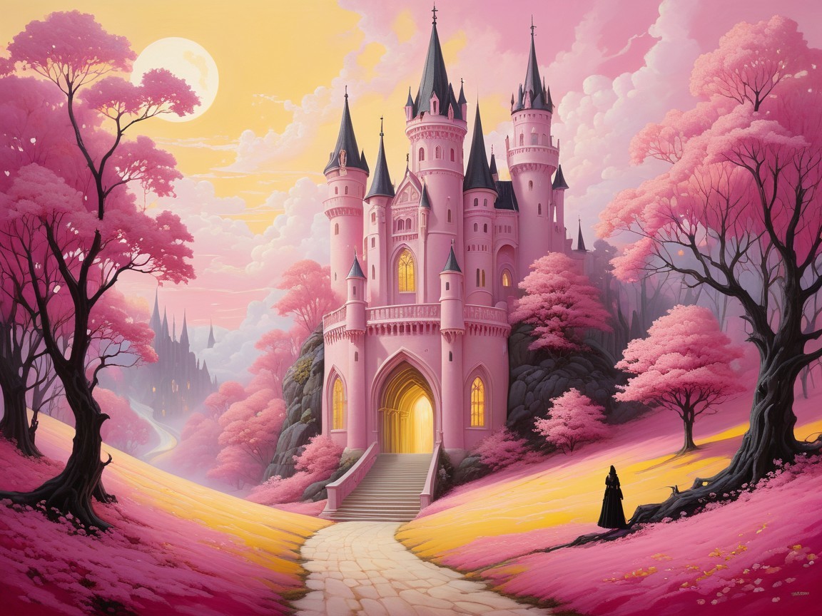 Majestic Pink Castle Surrounded by Pastel Landscape