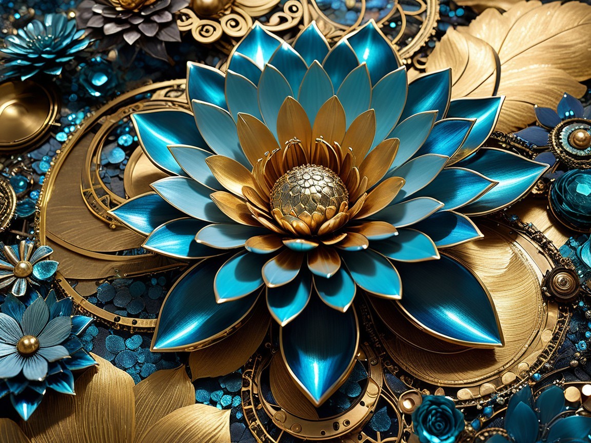 Decorative Composition of Blue and Gold Lotus Flower