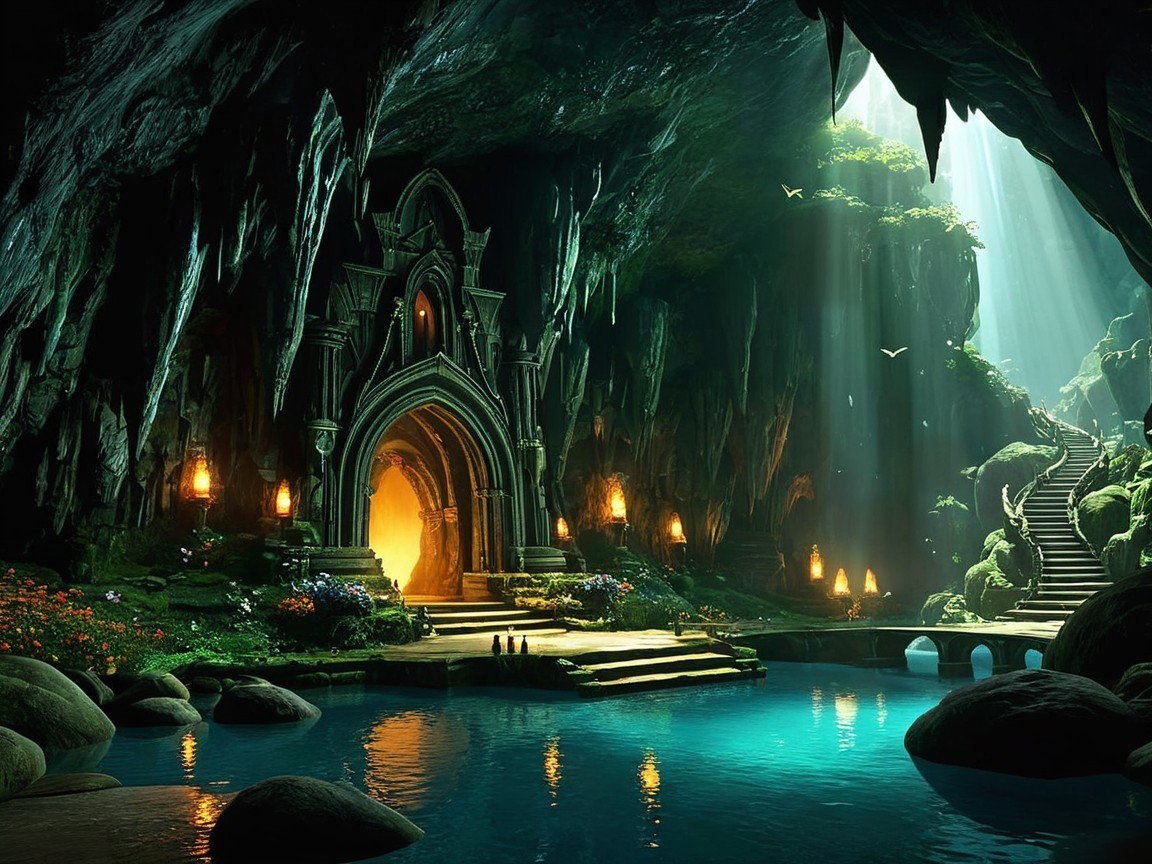 Mystical Cave with Lush Greenery and Glowing Entrance