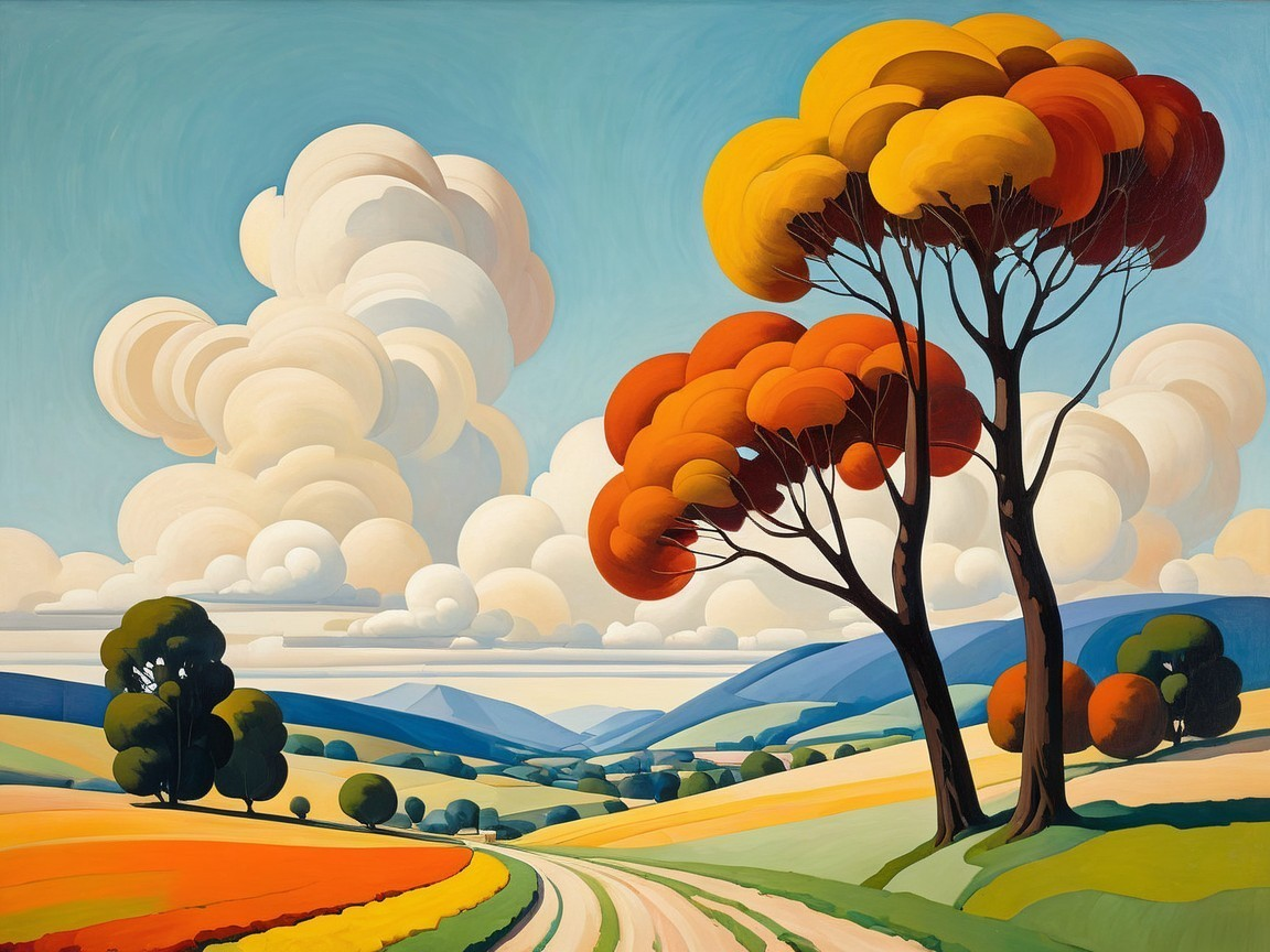 Vibrant Landscape with Rolling Hills and Stylized Trees