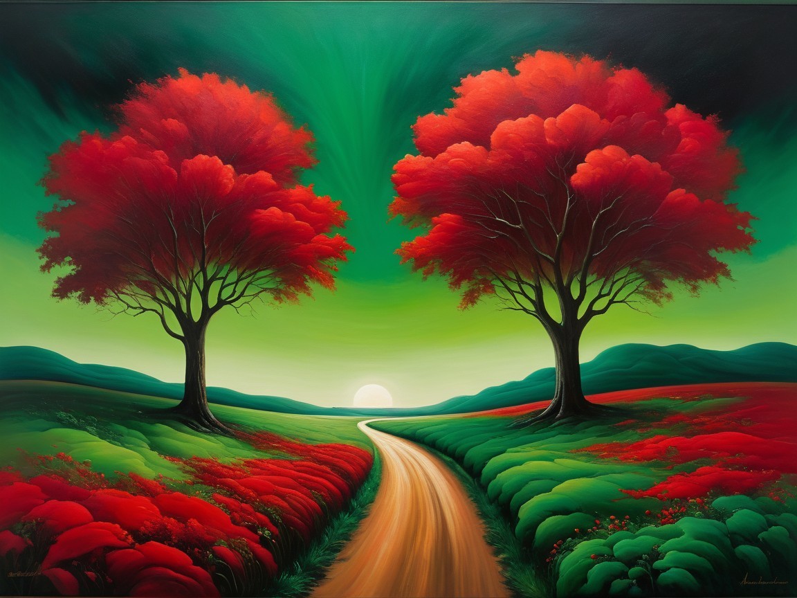 Vibrant Landscape with Red Foliage and Winding Path