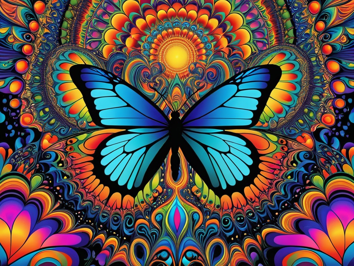 Psychedelic Artwork with Blue Butterfly and Swirling Patterns