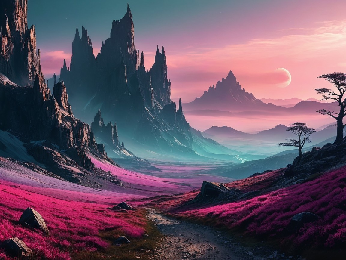 Twilight Landscape with Mountains and Pink Flowers