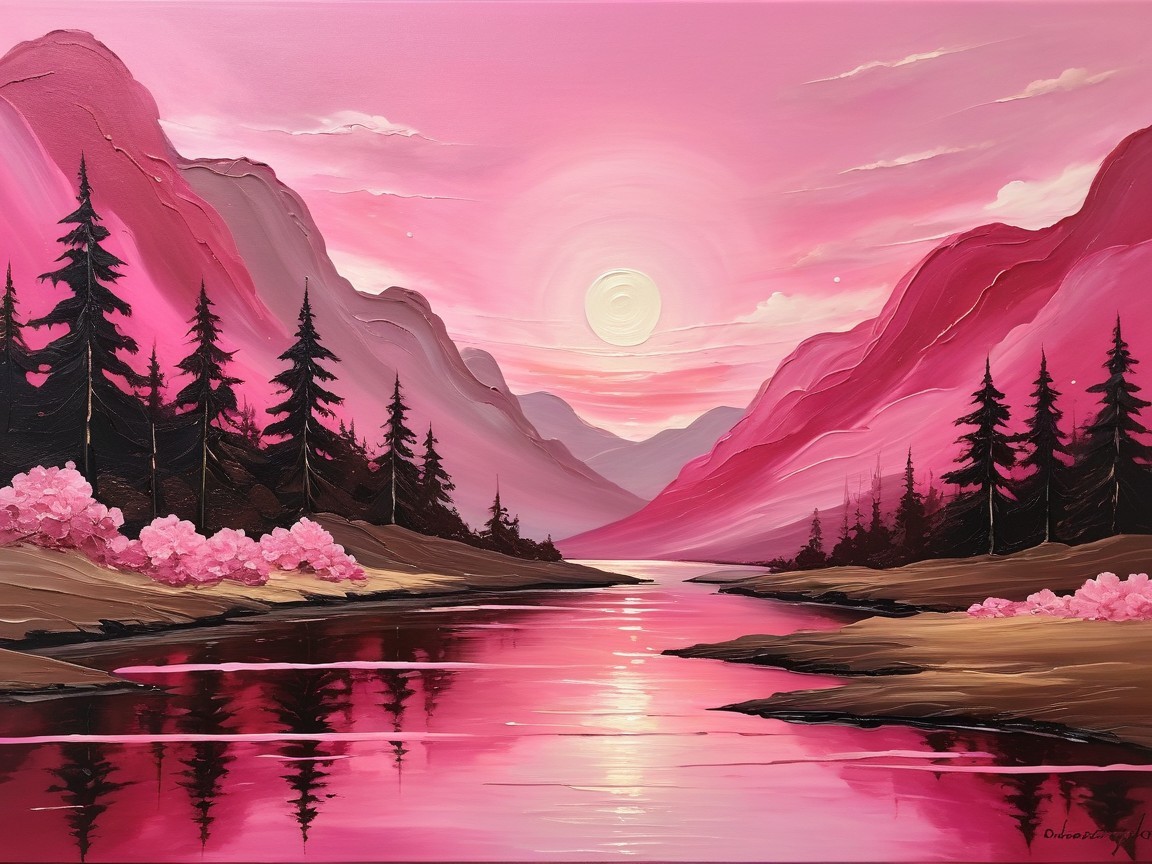 Tranquil Landscape with River and Cherry Blossoms