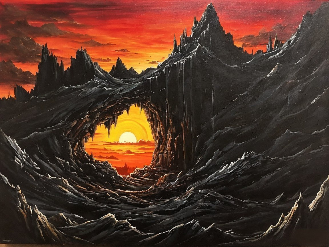 Dramatic Landscape with Mountains and Vibrant Sunset