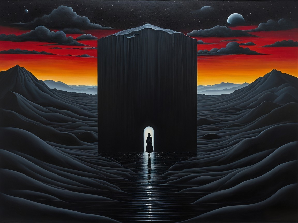 Solitary Figure and Black Monolith in Surreal Landscape