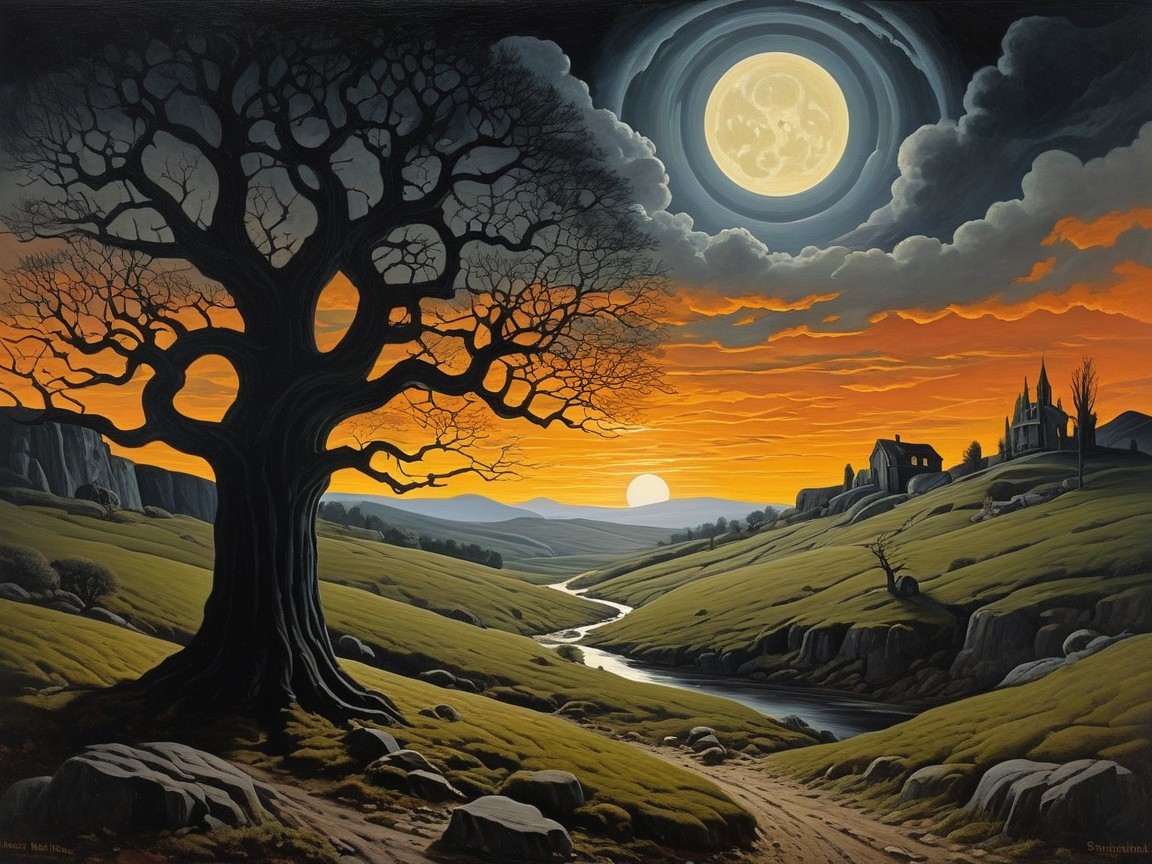Twilight Landscape with Tree, Castle, and Stream