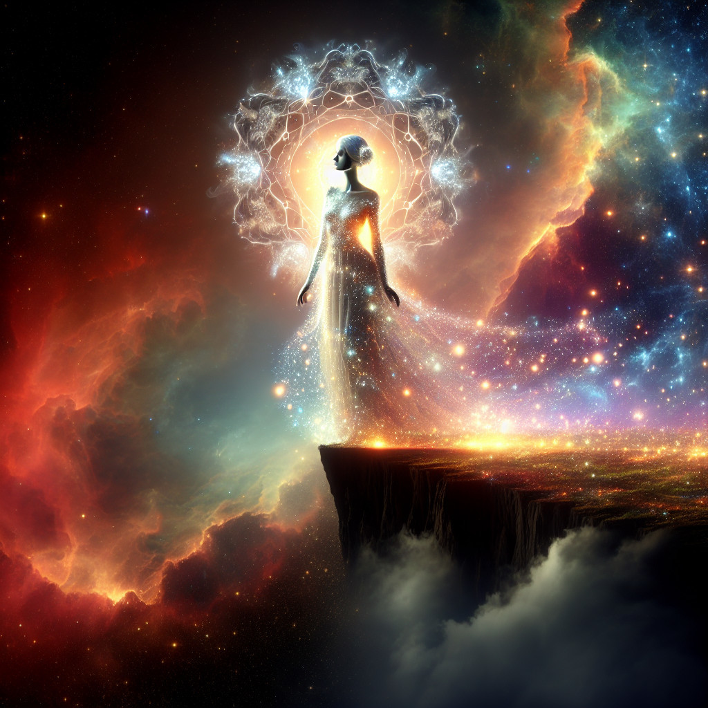 Cosmic Figure on Cliff with Stellar Gown and Nebulae