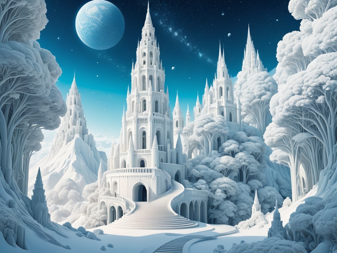 Ethereal Landscape with White Spires and Blue Sky