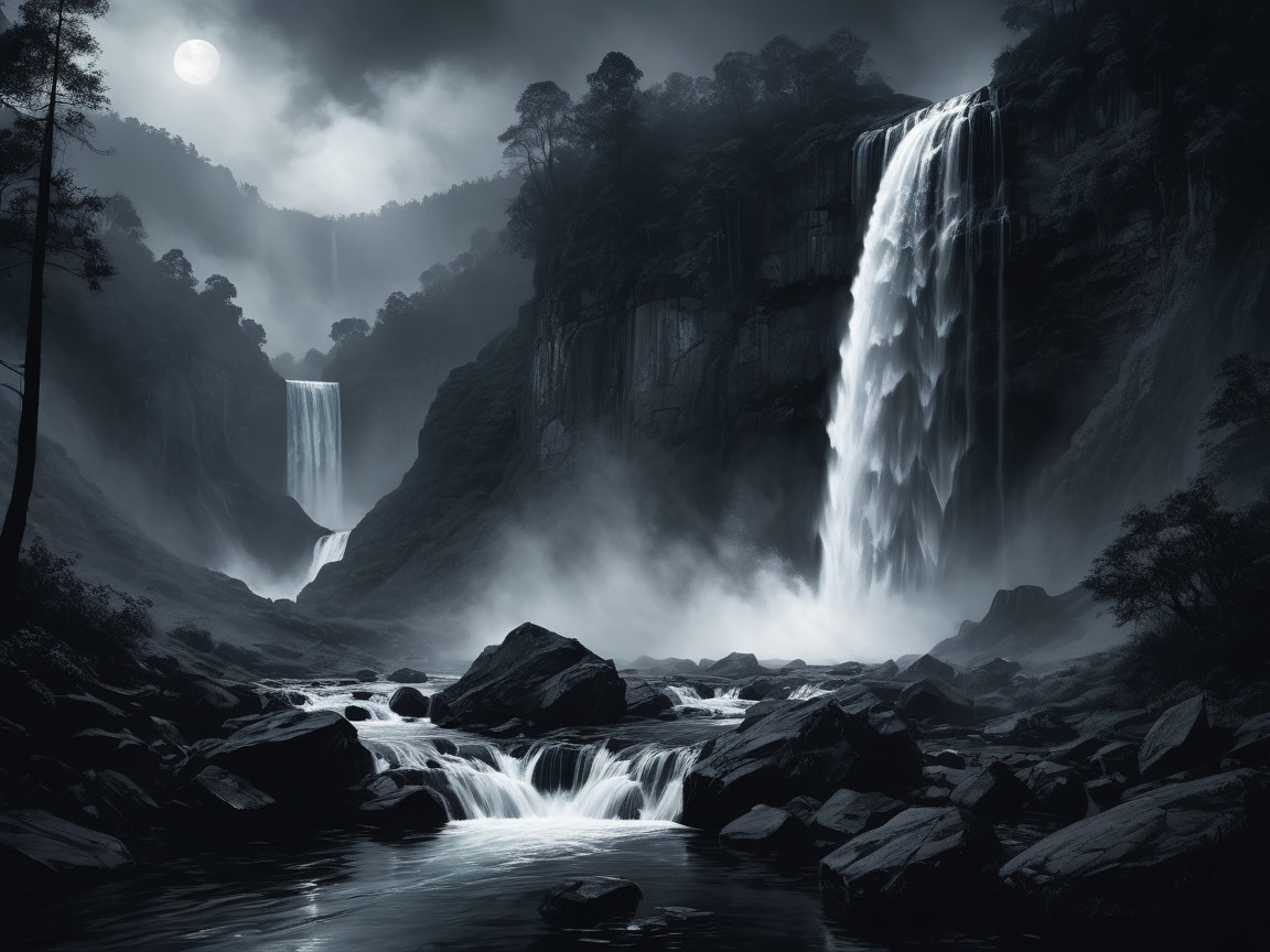 Black and White Landscape with Waterfalls and Moonlight