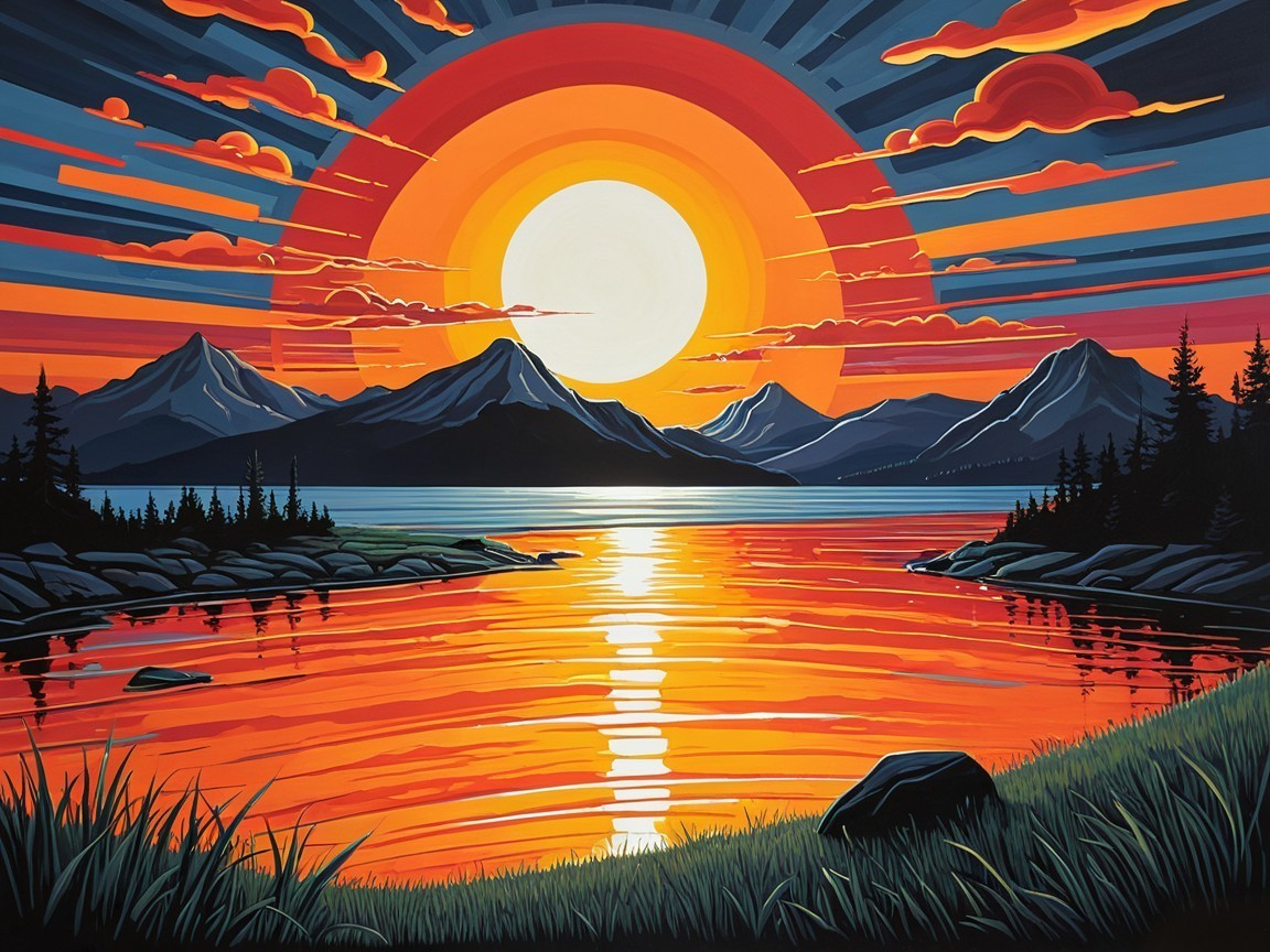 Vibrant Sunset Over Serene Lake with Mountain Backdrop
