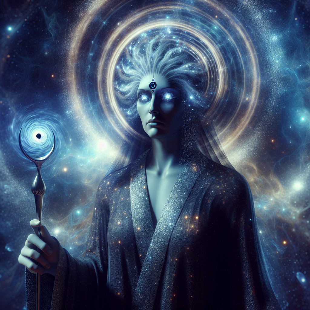 Mystical Figure with Cosmic Background and Staff