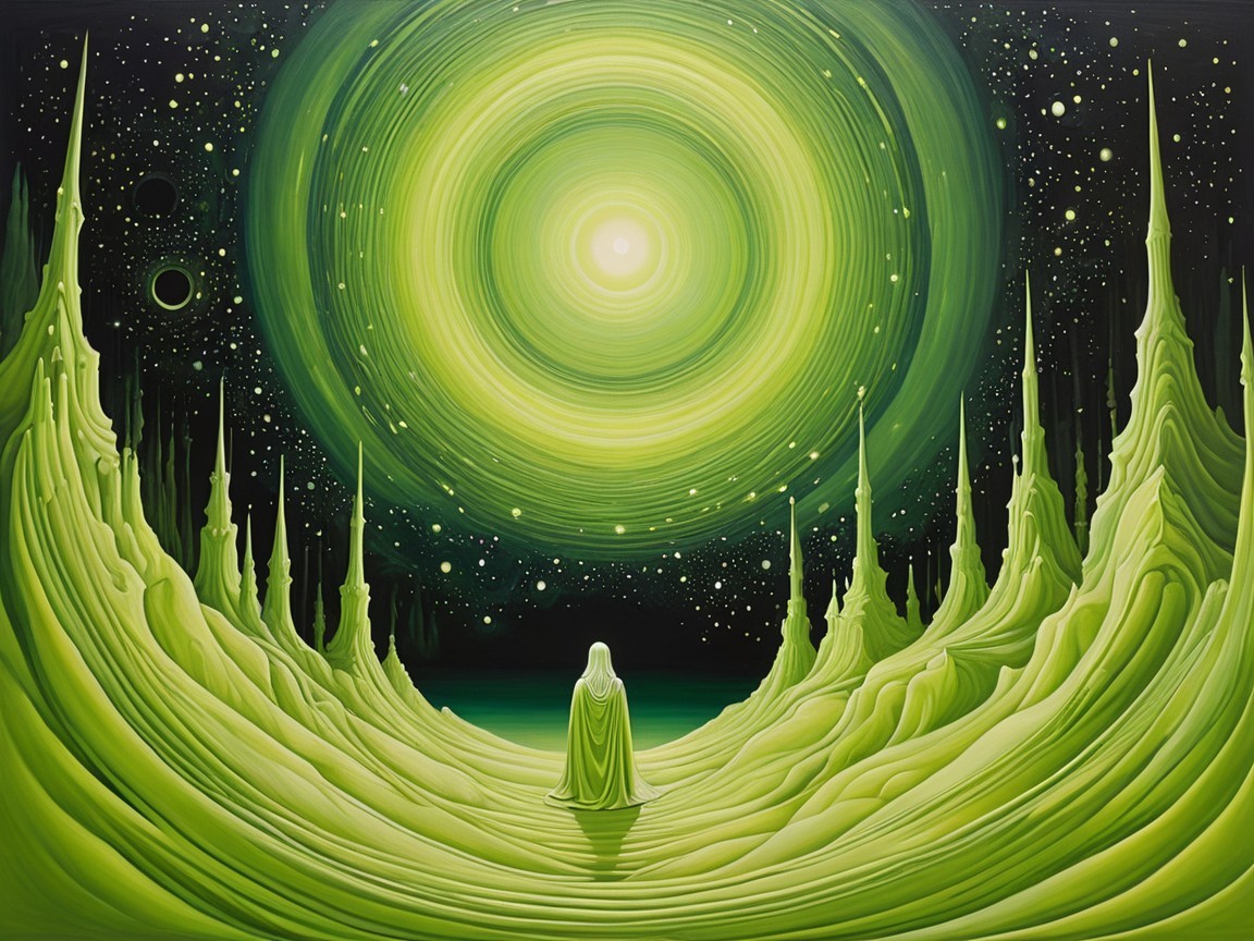 Ethereal Landscape with Green Hues and Cosmic Light