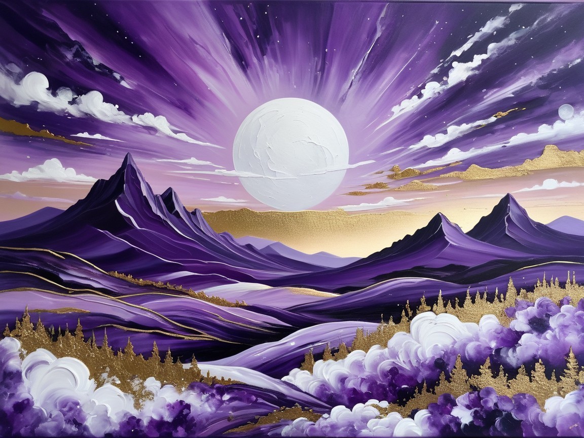 Vibrant Purple Mountains Under a Radiant Moon