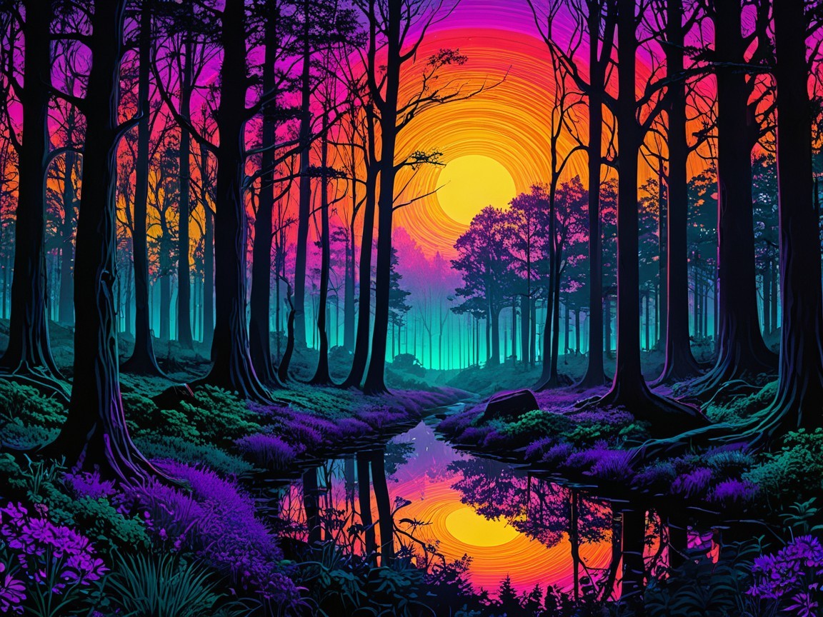 Surreal Forest Scene at Sunset with Vibrant Colors