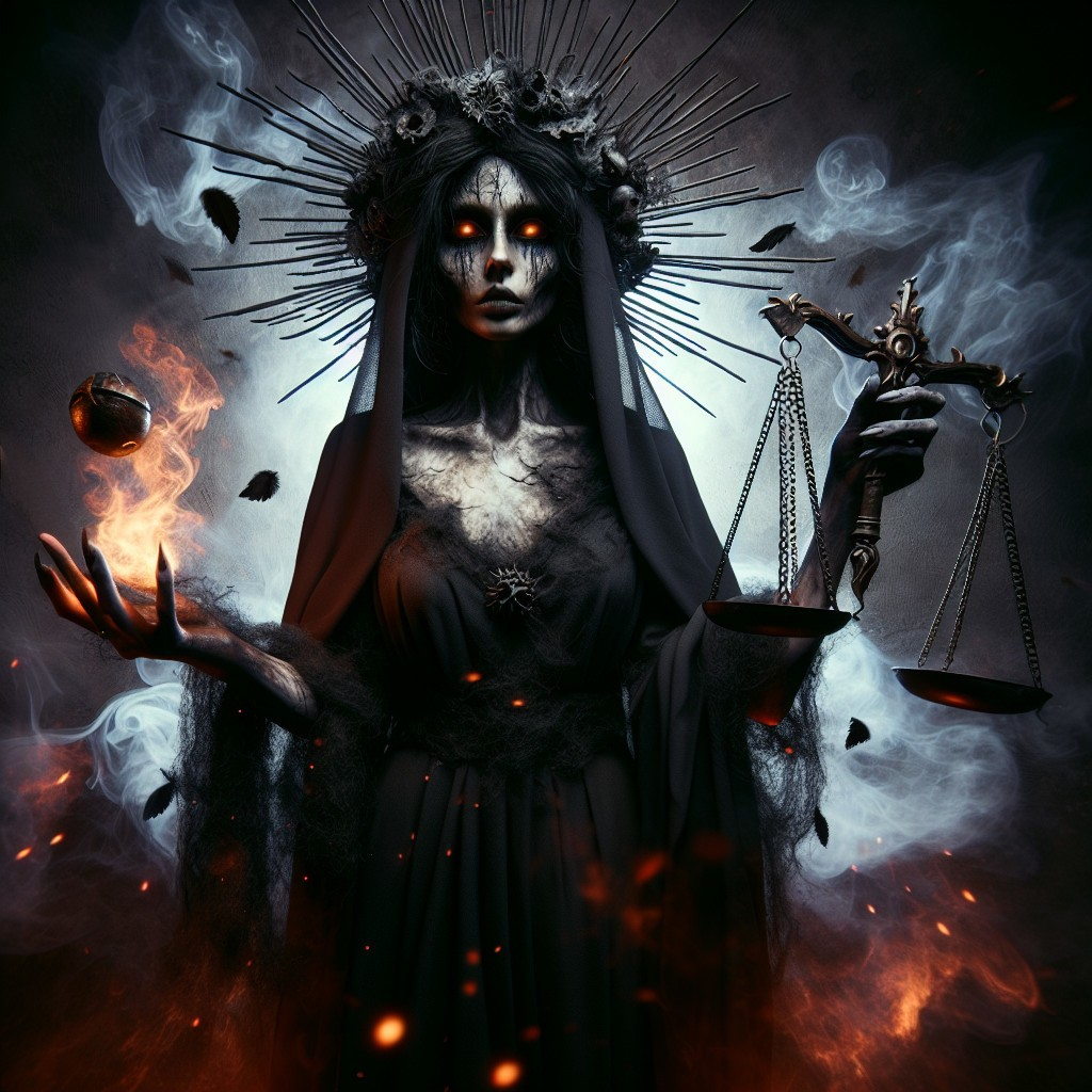 Mysterious figure in black gown with scales and orb