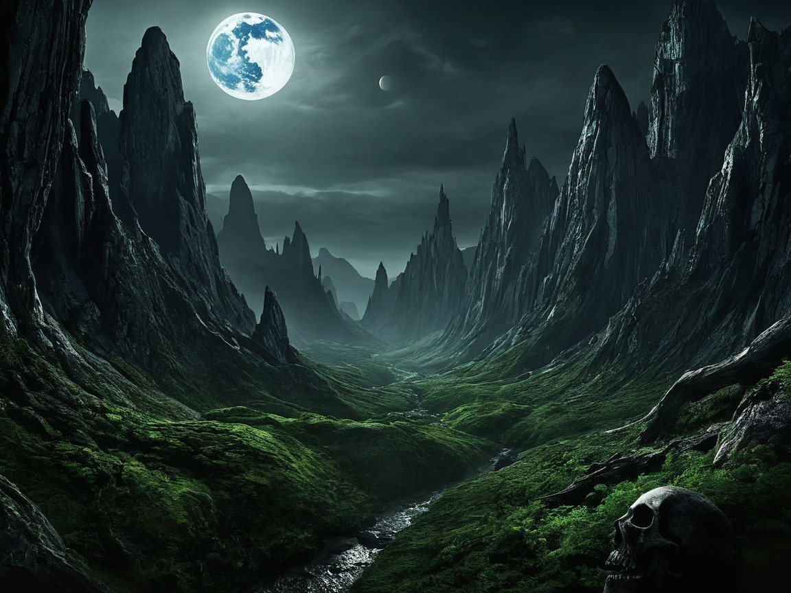 Haunting Landscape with Mountains, Valley, and Skull