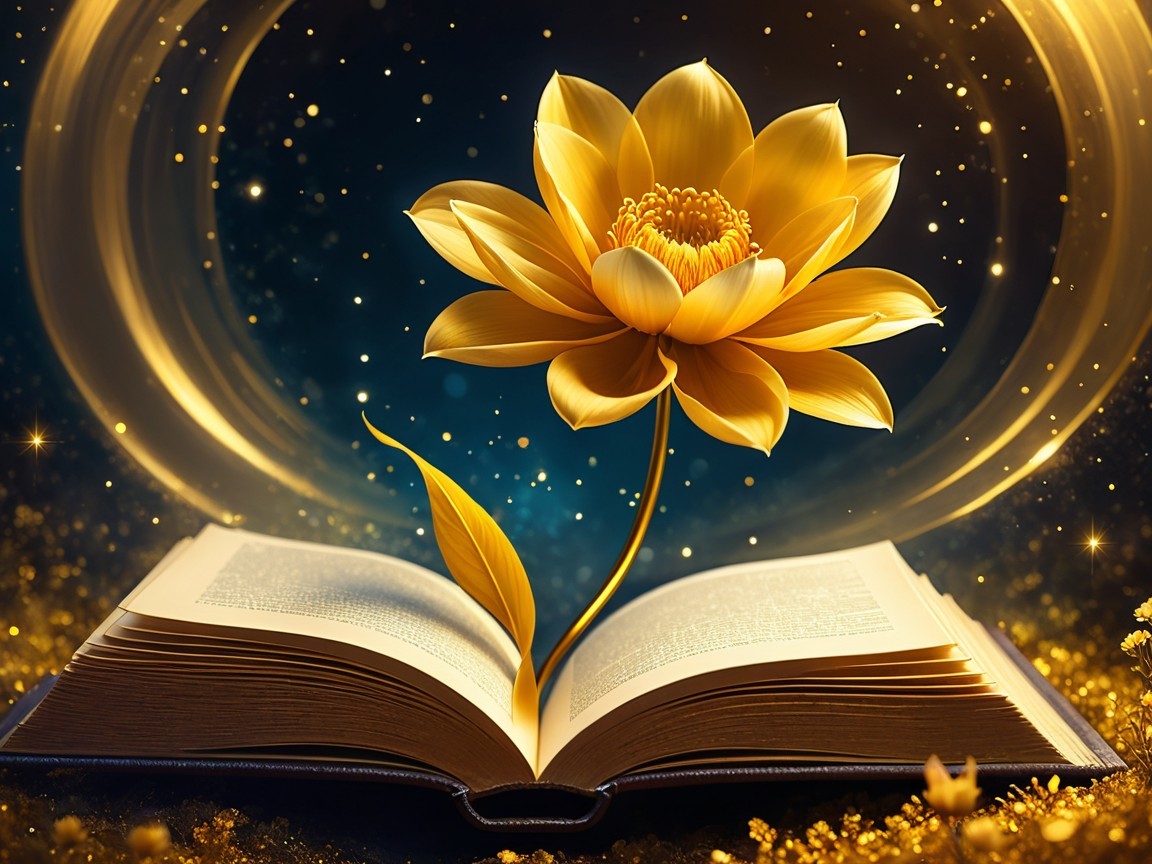 Open Book with Golden Pages and Lotus Flower