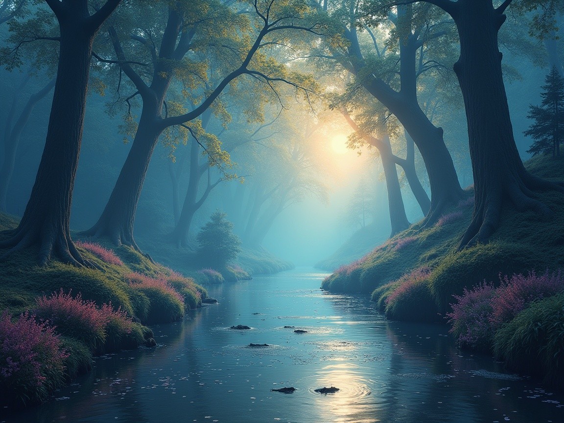 Serene forest scene with sunlight and vibrant flowers