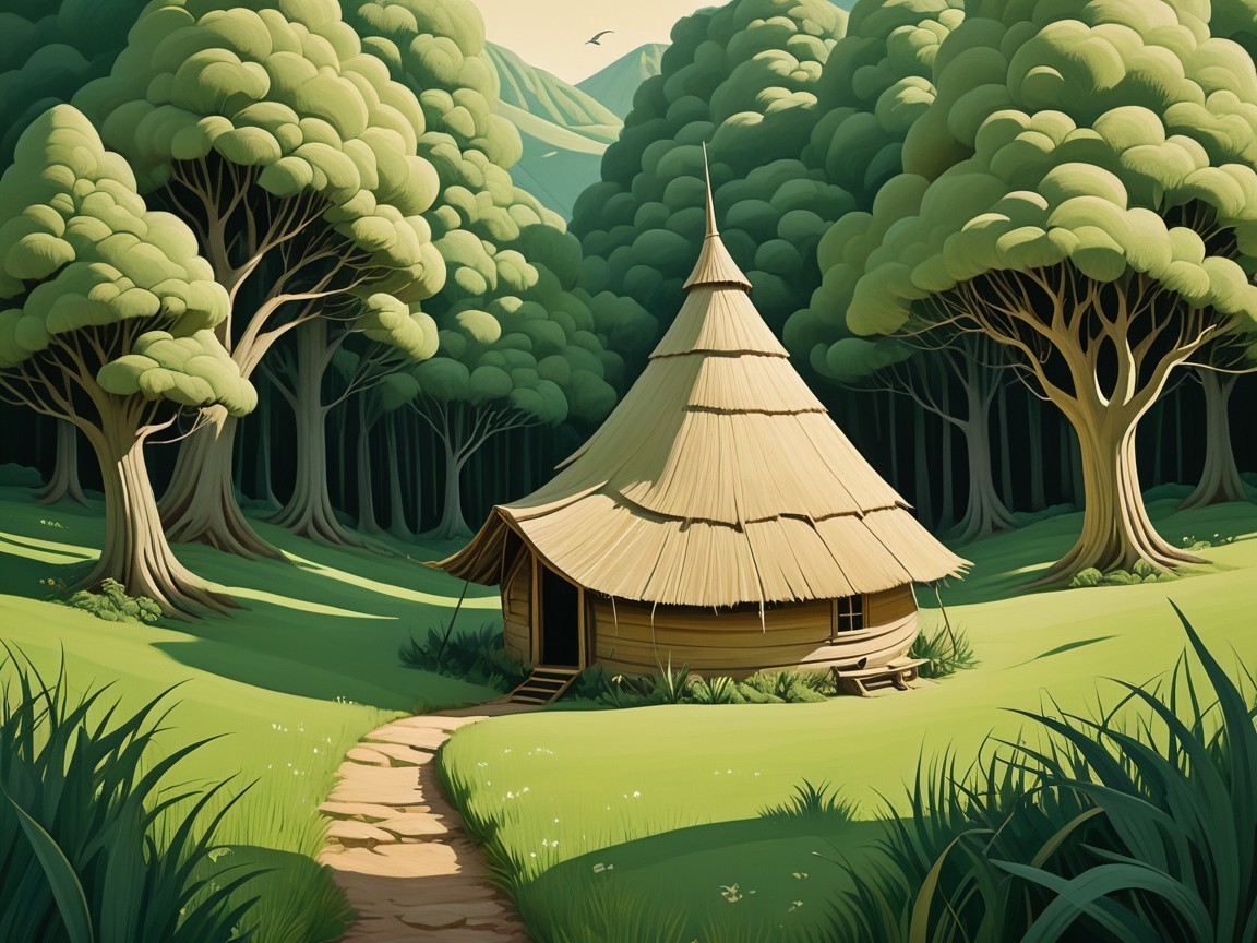 Wooden Hut in Lush Forest with Thatched Roof