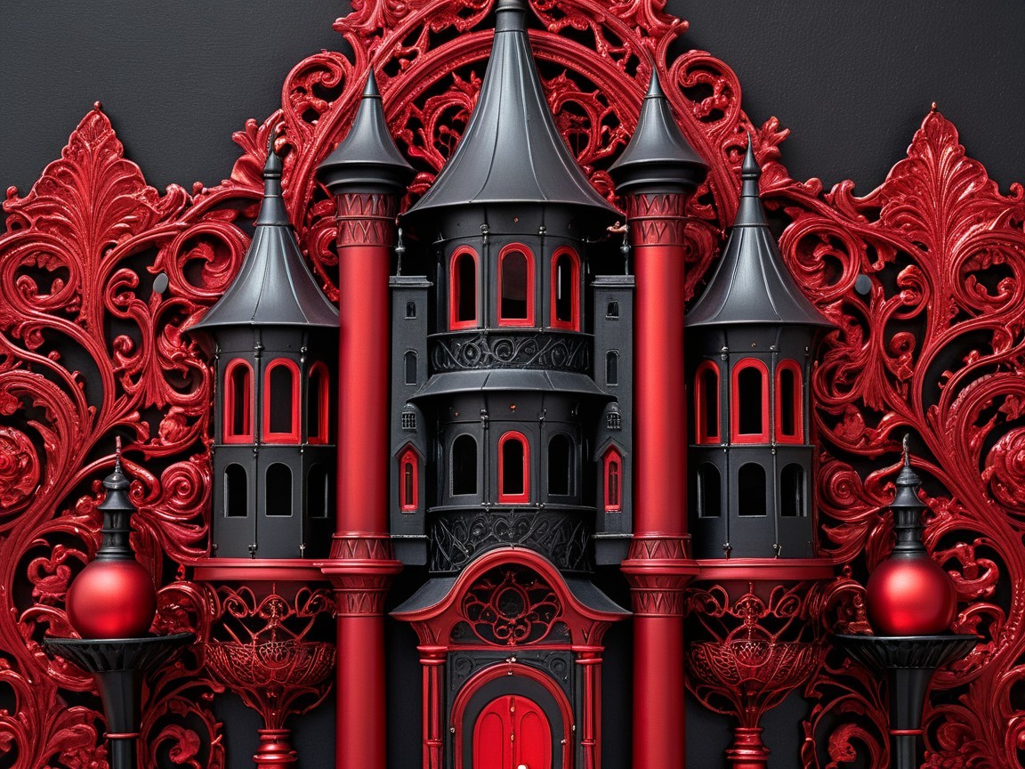 Ornate castle design in deep red and black colors