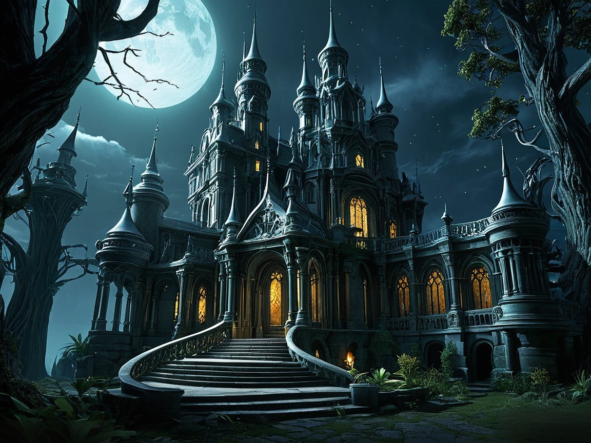 Ornate castle illuminated by full moon and trees