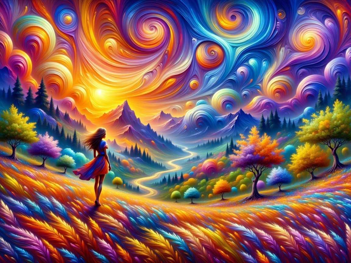 Vibrant Sunset Landscape with Colorful Flora and Mountains