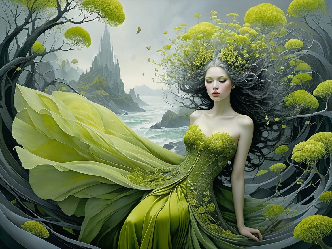 Ethereal figure by serene shoreline with castle backdrop