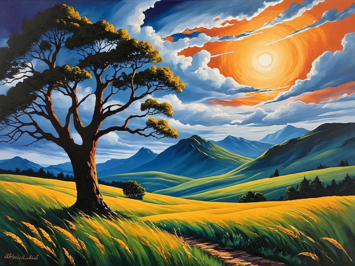 Vibrant Landscape with Tree at Sunset and Rolling Hills