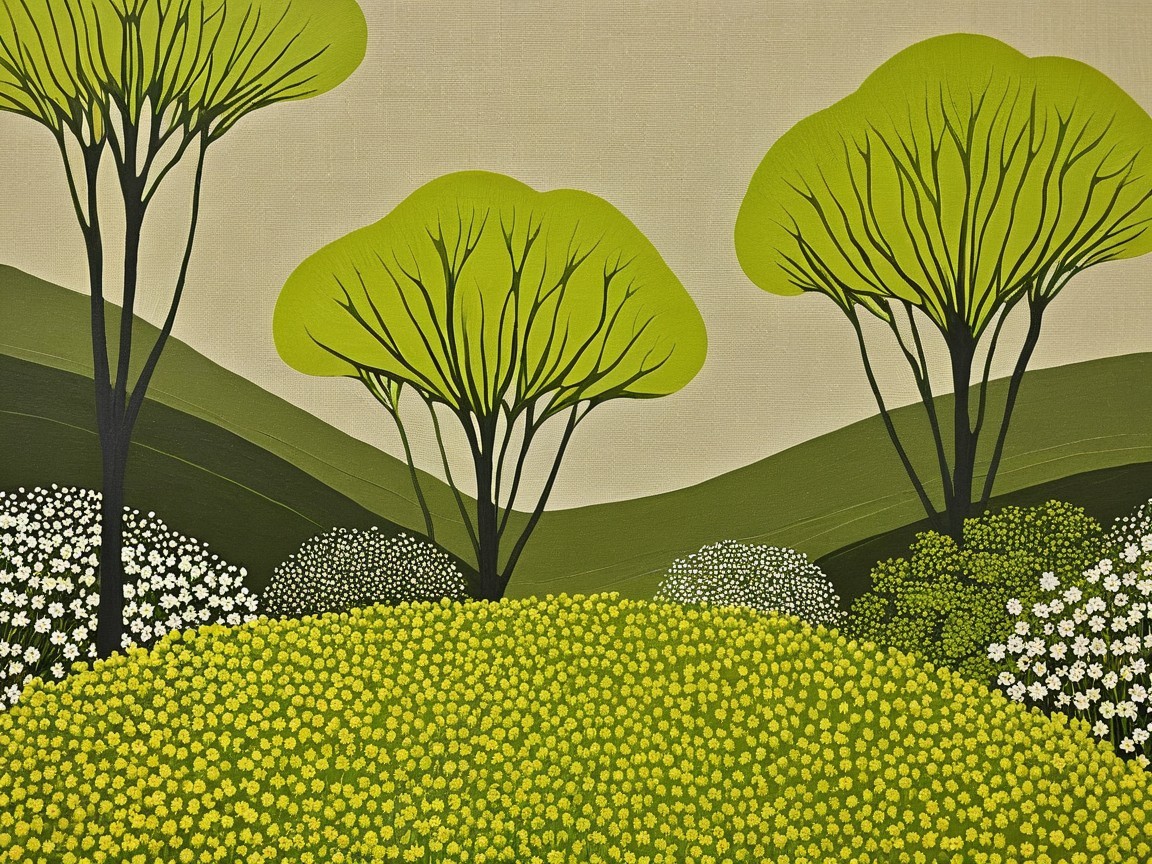 Serene Landscape with Vibrant Trees and Flowers