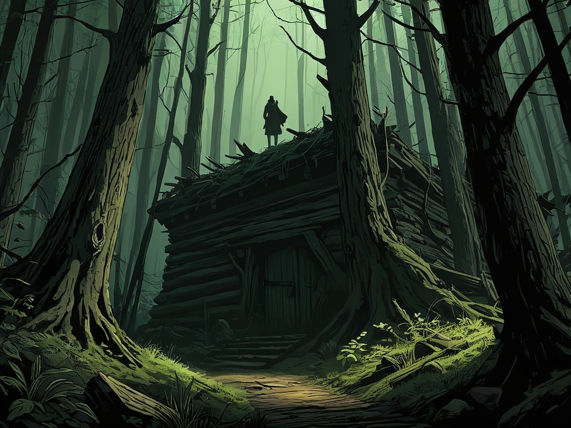 Log Cabin in Shadowy Forest with Ambient Green Light