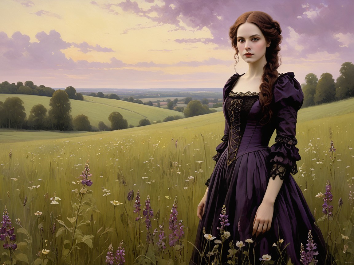 Young Woman in Purple Gown in Vibrant Meadow Scene