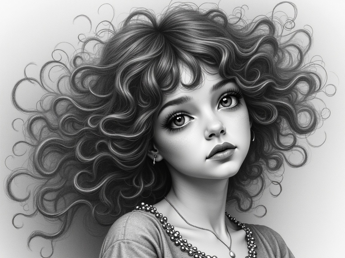 Portrait of a Young Girl with Curly Hair and Necklace