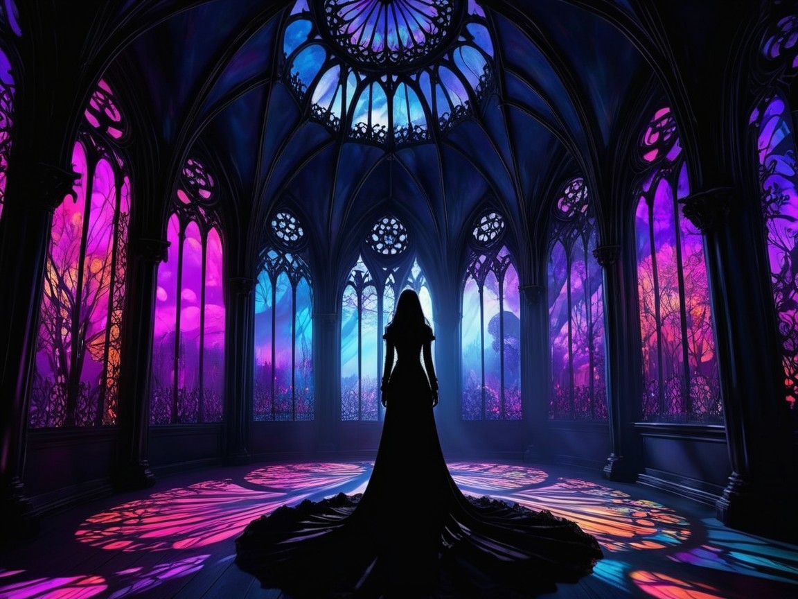 Gothic Cathedral with Stained Glass and Woman's Silhouette