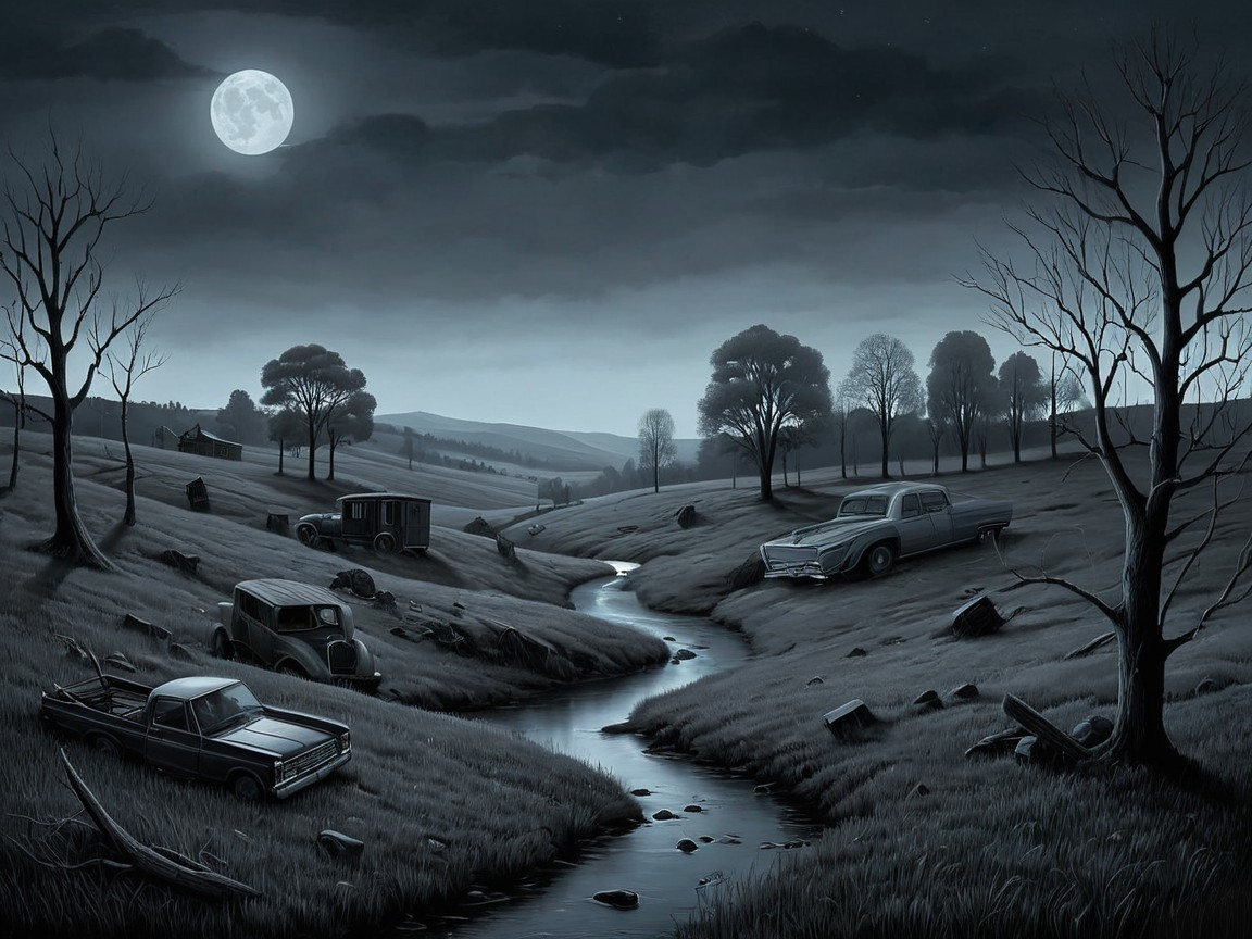 Monochromatic Landscape with Abandoned Stream and Vehicles