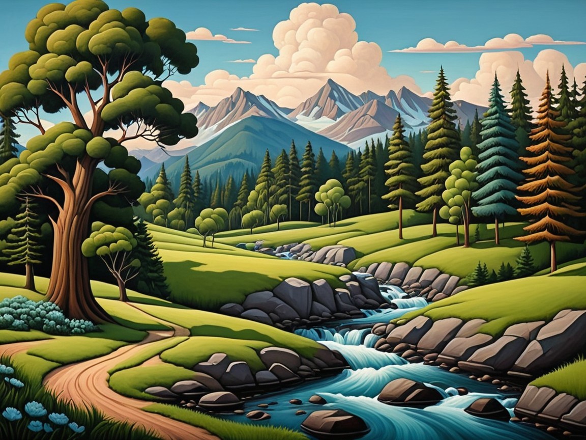 Vibrant Landscape with Hills, Stream, and Mountains