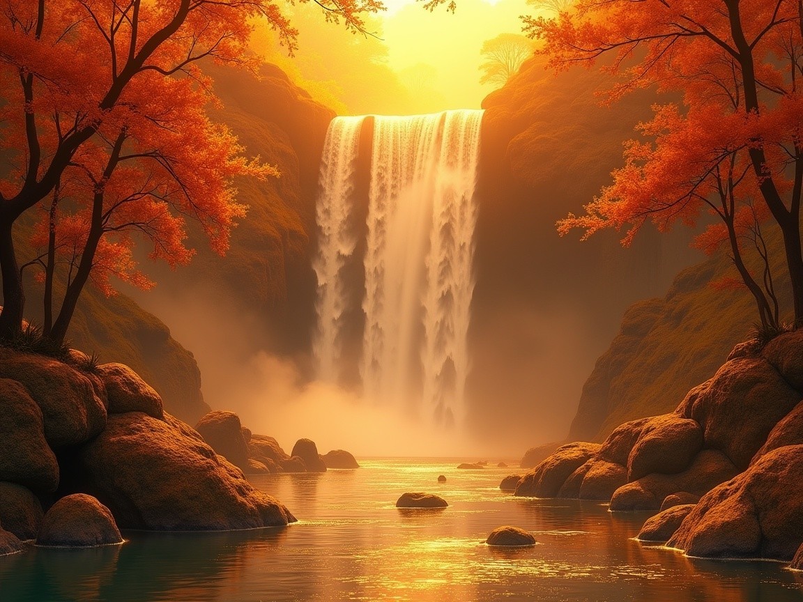 Majestic waterfall surrounded by autumn foliage and sun