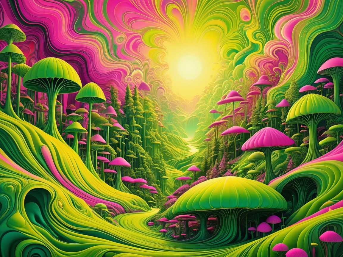 Surreal Landscape with Colorful Mushrooms and Forests